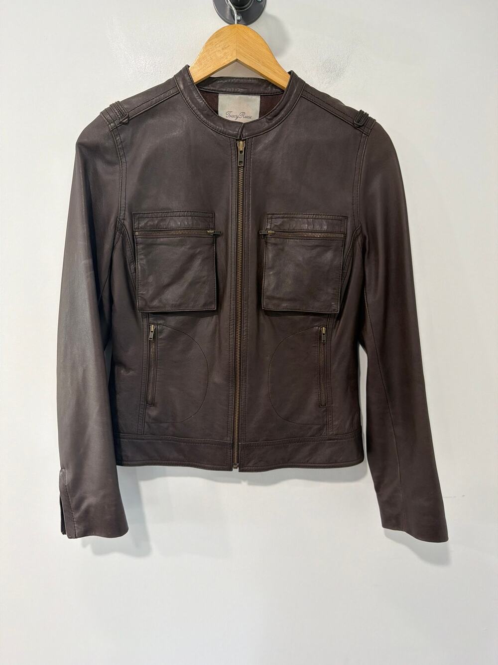 Tracy Reese Leather Jacket Brown Band Collar Size 10